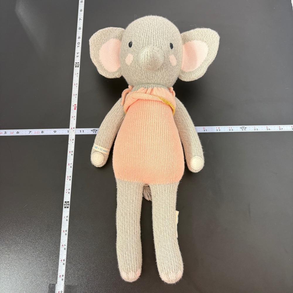 Cuddle + Kind Kids Elephant Knit Doll 20in Grey Peach Handmade Evan the Elephant